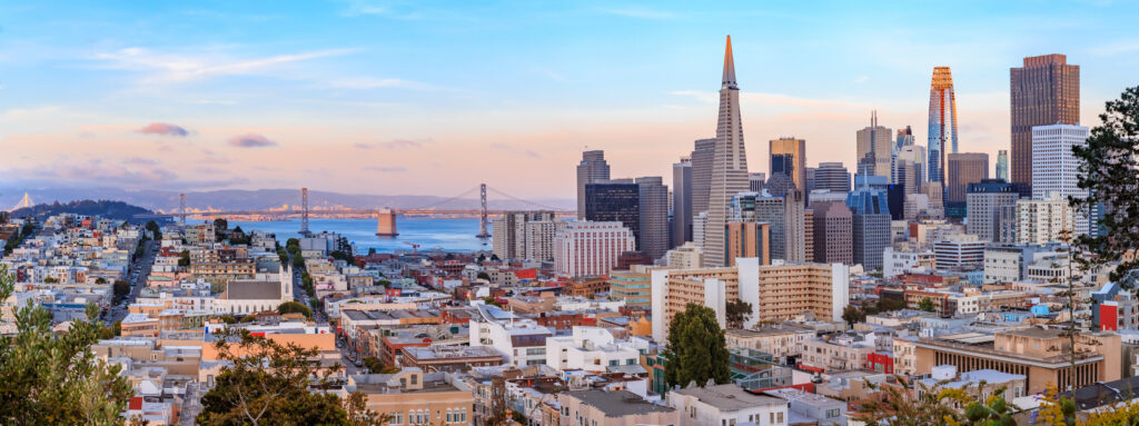 Panoramisch uitzicht over het centrum van San Francisco met iconische gebouwen zoals de Transamerica Pyramid en de Salesforce Tower, vastgelegd vanaf het hoger gelegen Ina Coolbrith Park. Ongeveer in het midden van de achtergrond strekt de San Francisco-Oakland Bay Bridge zich uit over de baai.